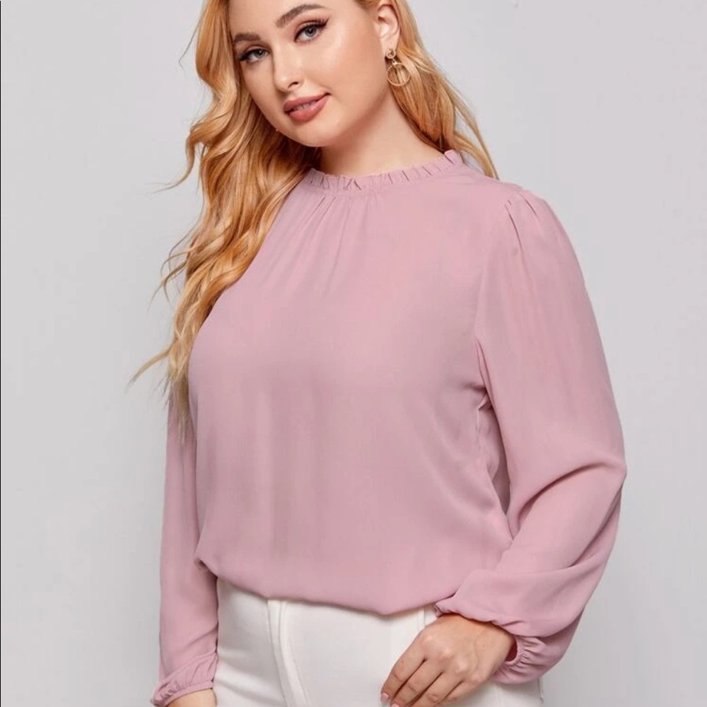Pink Frill Mock Neck Blouse with Blouson sleeves